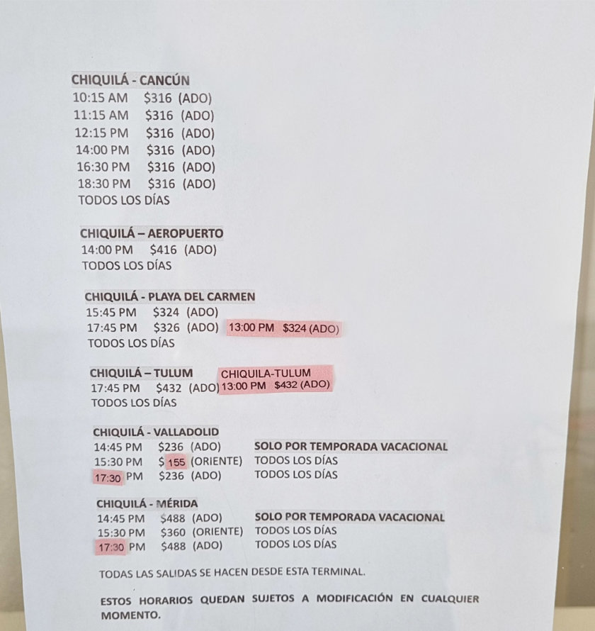 horarios bus chiquilá