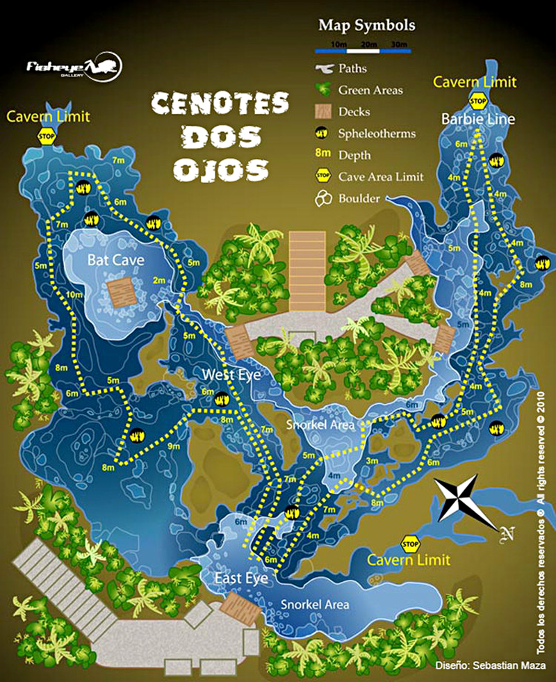 mapa rutas buceo cenote dos ojos