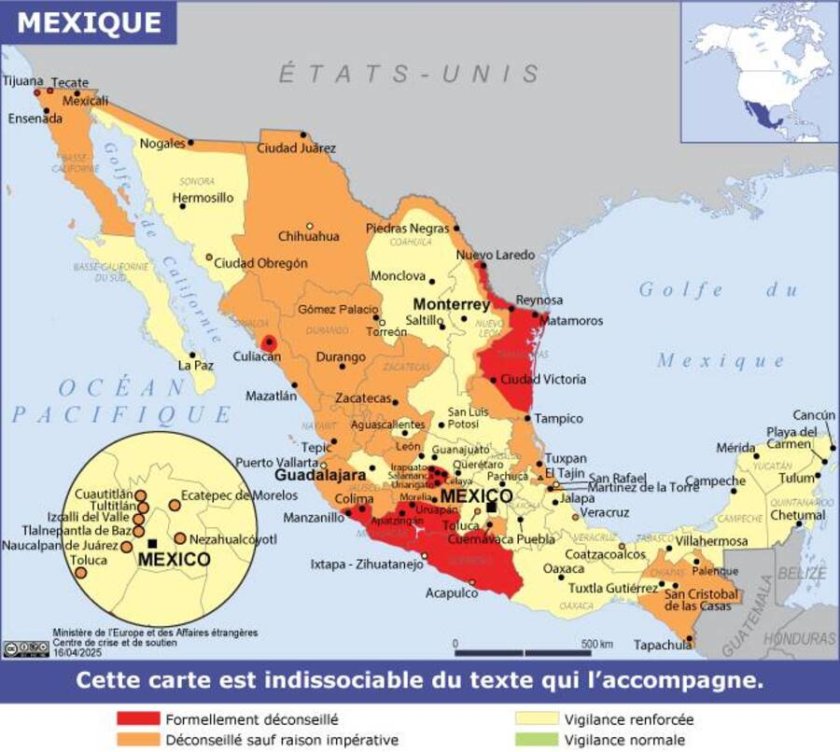 Carte du Mexique et des zones à éviter selon le ministère